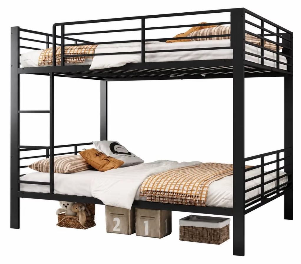 Metall-Etagenbett - Doppelbett mit unterem Doppelbett - 140 x 200 cm - Sicherheitsgitter - Rutschfeste Leiter - Stabiler Rahmen - Schwarz
