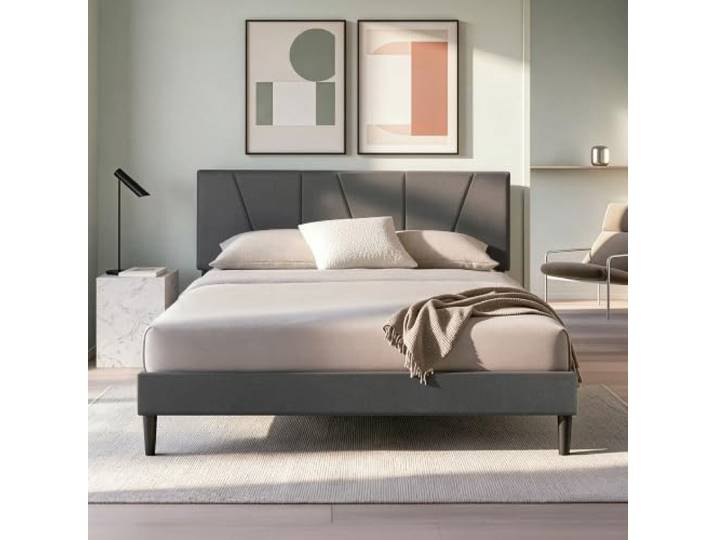 Zinus Maya Doppelbett Bettgestell - Bett 135 x 190 cm - 30 cm Höhe - Gepolsterter Plattformbettgestell mit Kopfteil - Holzlattenstütze - Dunkelgrau