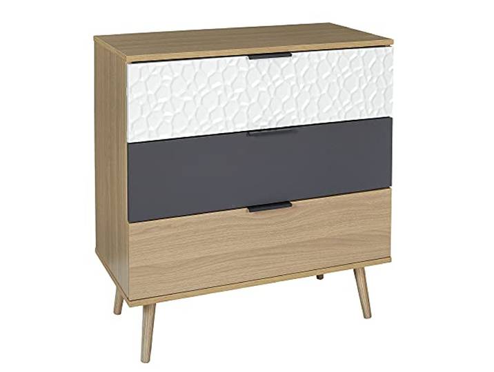 HOME DECO FACTORY Kommode Skandinavisch 3 Schubladen Weiß und Grau Holz, skandinavische Kommode, 3 Schubladen, moderner Stil, Schlafzimmer oder Flur, 39x75x80 cm, Weiß und Anthrazitgrau