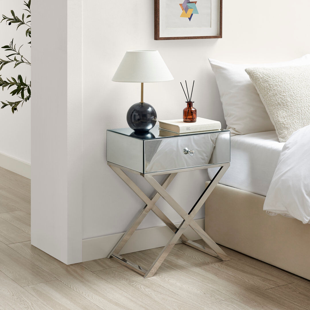 Canora Grey Hausman Elegant Mirrored 1 Drawer Bedside Table Clear 62cm H X 50cm W X 35cm D