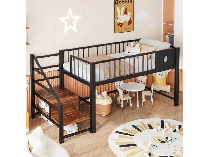 Lit mezzanine - SOGEU - Lit Mezzanine Enfant 90x200 cm - Cadre métal robuste - Échelle avec rangements