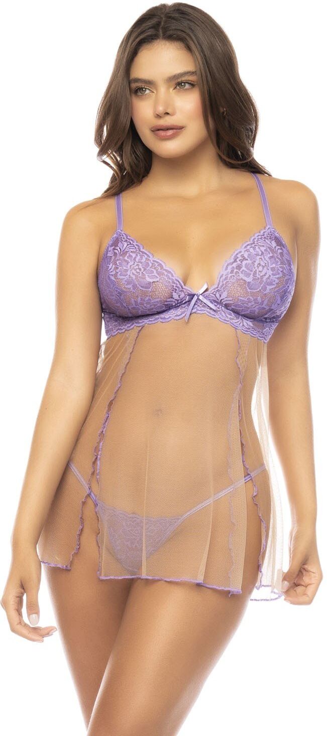 Mapalé Babydoll couleur lavande et chair Verona, en dentelle et résille transparente