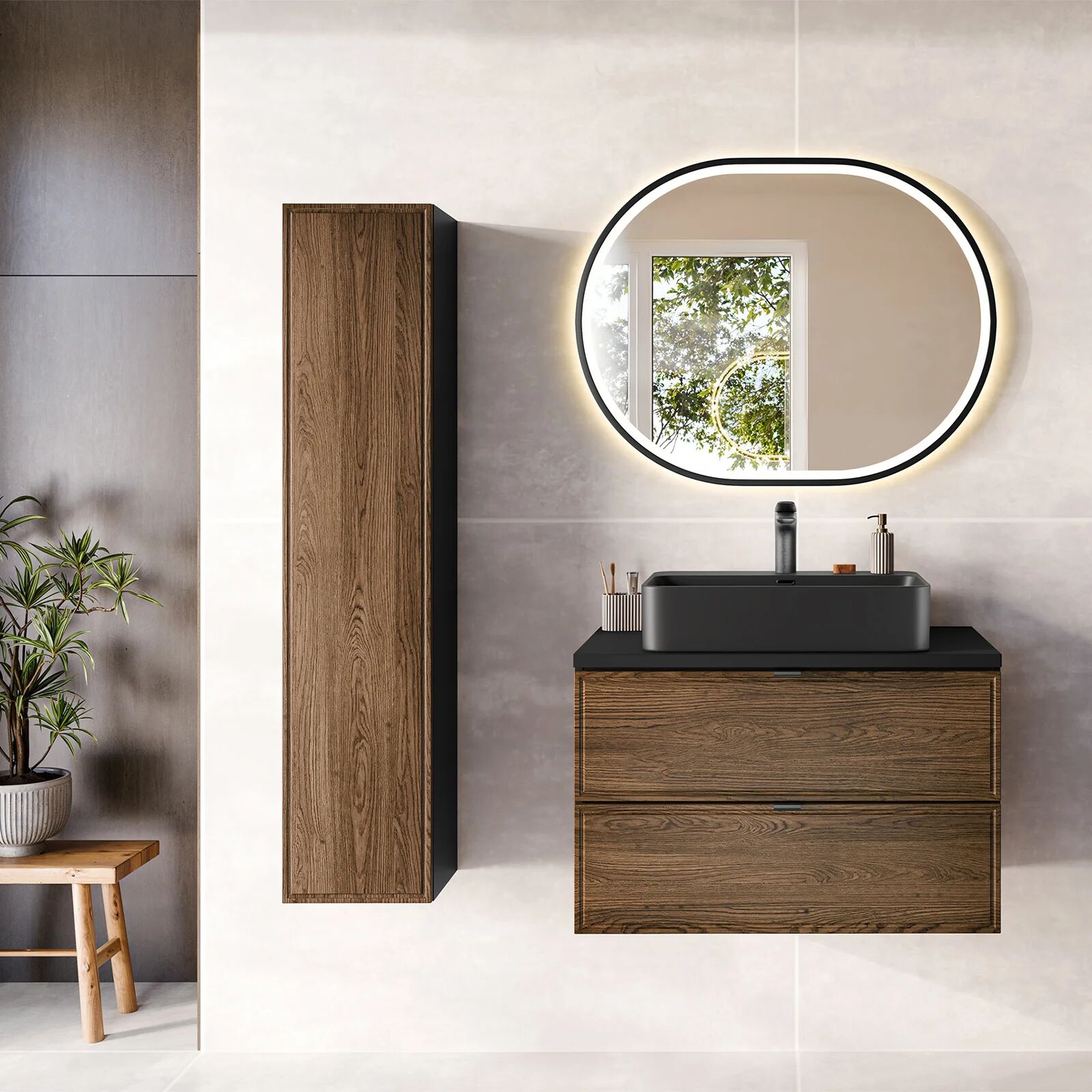 garneroarredamenti Mobile bagno sospeso 80cm con colonna noce Walnuts
