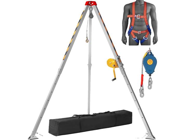 Kit trépied VEVOR 1200 lbs treuil trépied avec pieds 7' et câble 98' trépied de sauvetage pour espaces confinés 32\,8' antichute harnais de sécurité sac de rangement pour espaces confinés traditionnels