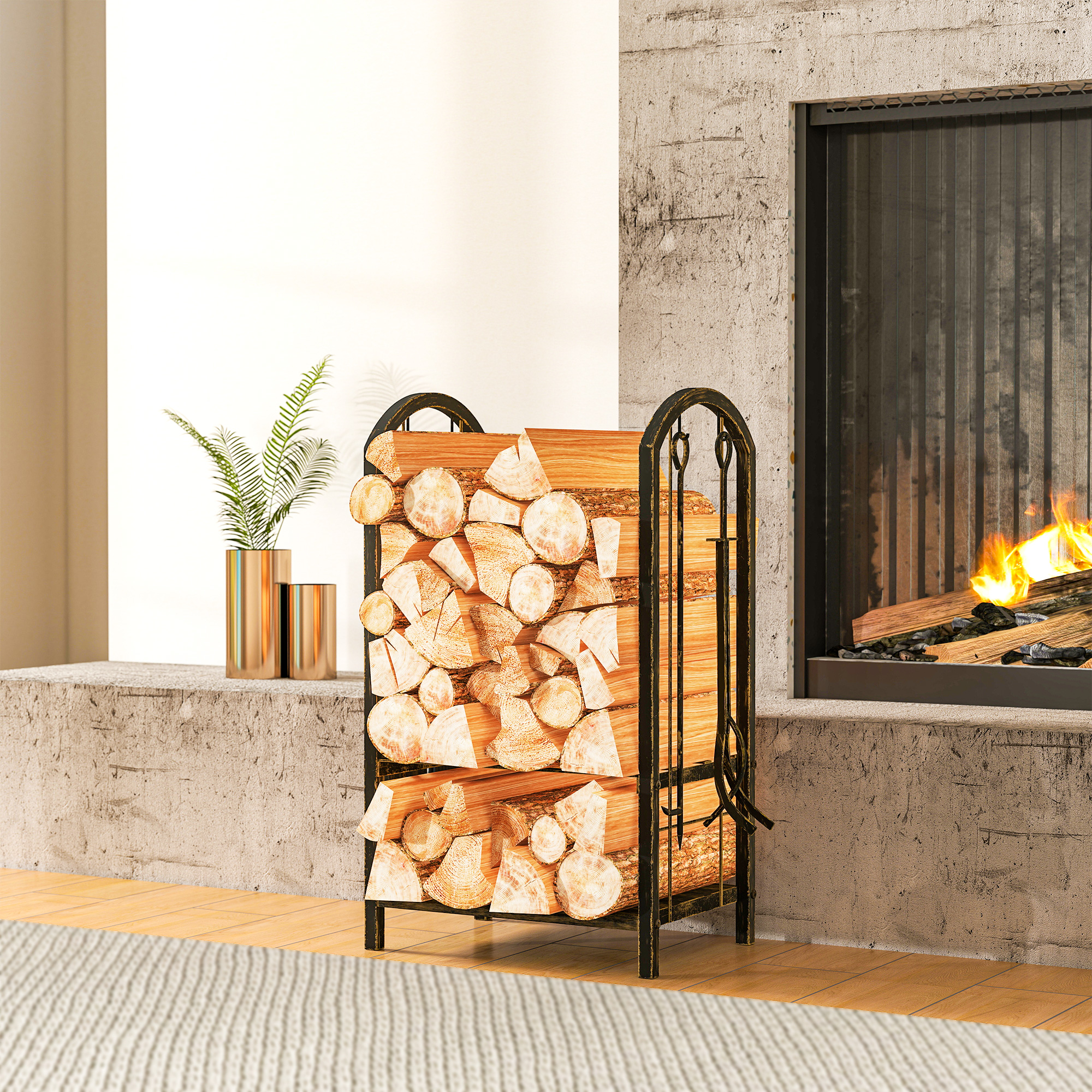 Outsunny Portalegna per interni a 2 Livelli, con 4 Attrezzi per Camino e Ganci, 43x30x74 cm, Marrone   Aosom Italy