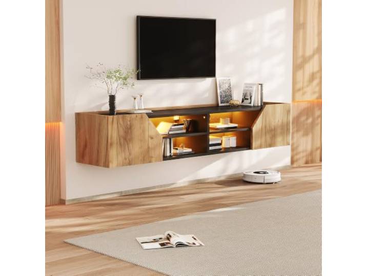 Merax TV Schank, Lowboard hängend mit LED, TV Board Fernseherschank mit 2 Falttür 6 Stauraum, TV-Ständer für 75-Zoll-Fernseher, Wandmontierte TV-Regale 180cm für Wohnzimmer, Esszimmer, Schwarz&Holzton