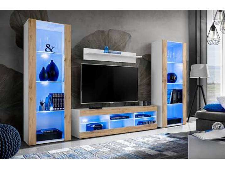 Komodee Wohnwand TV Tivoli Grande A1 Wotan/Weiß 250x159x35 cm Wohnwand Tivoli Grande, Wotan/Weiß, Breite 250cm x Höhe 159cm x Tiefe 35cm, LED Blau , für Wohnzimmer