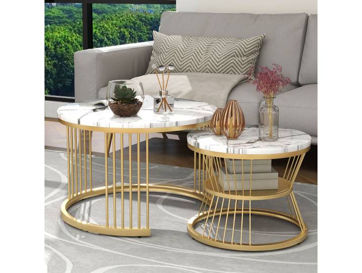 Rosahqnda table basse ronde en marbre (lot de 2) table d'appoint en MDF support métallique pour salon chambre balcon