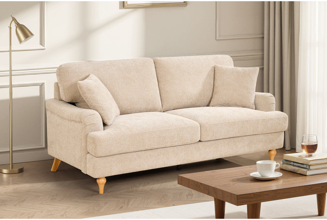 Rosalind Wheeler Elmeta 3 Seater Chenille Sofa Beige Chenille 3