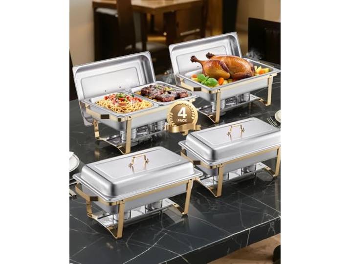 VEVOR Chafing Dish Set Speisenwärmer Edelstahl mit 2 Pfannen in voller Größe (7,5 L) & 4 halbgroßen Pfannen (4 L), rechteckiger Catering-Wärmespender mit Deckel & Wasserpfannenständer, Gold