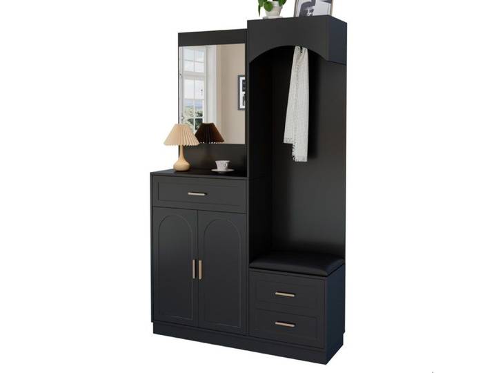 Meuble d'entrée – vestiaire compact noir – garde-robe meuble à chaussures miroir et banc d'assise