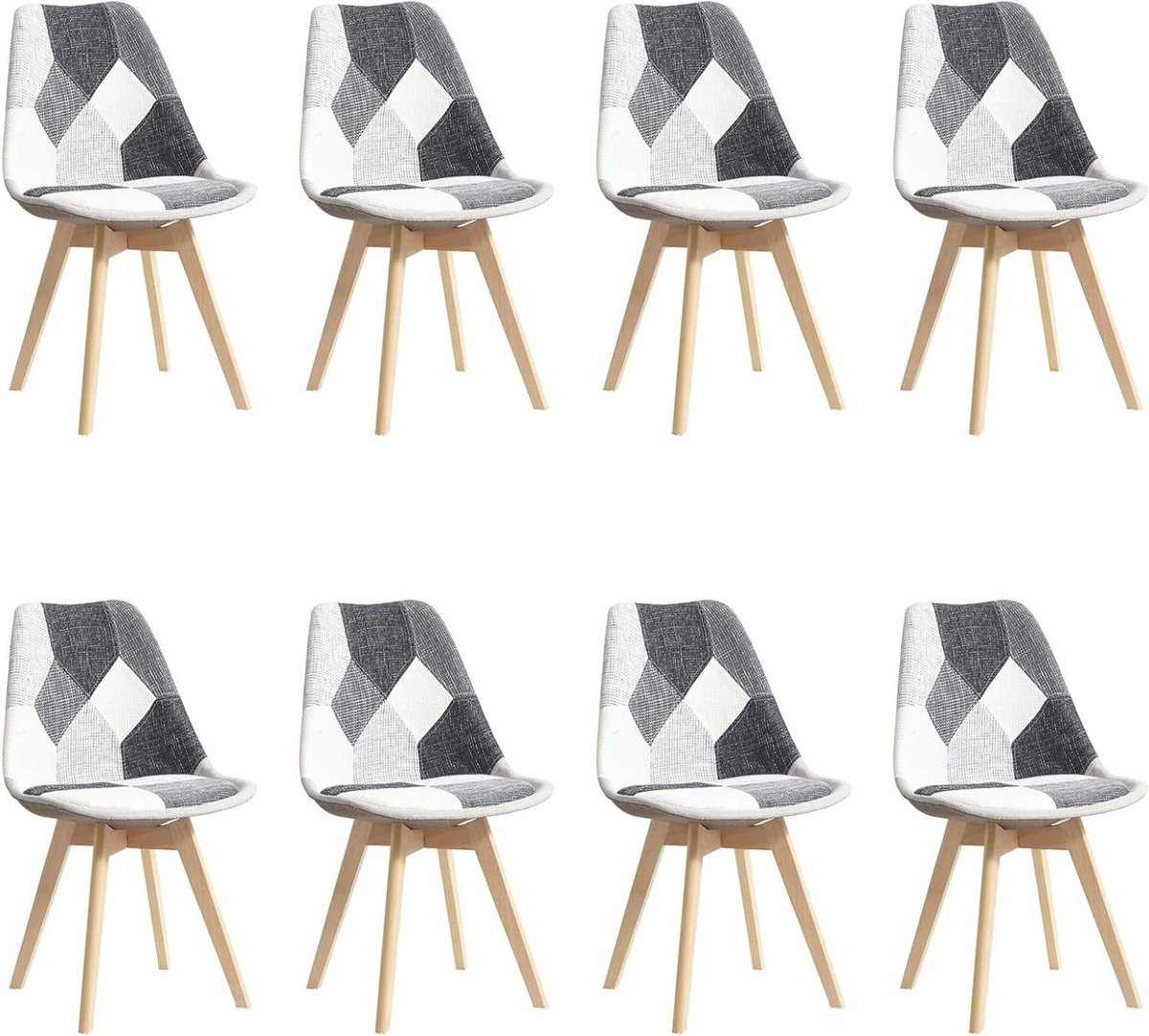 Set van 8 Patchwork Eetkamerstoelen met afneembare zitkussens - Grijs