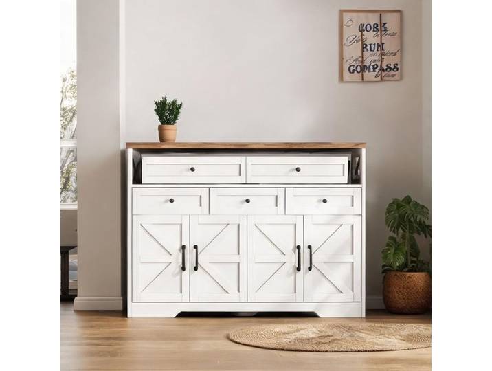 Buffet 140 cm style campagnard blanc et brun en MDF avec 3 tiroirs et 2 portes