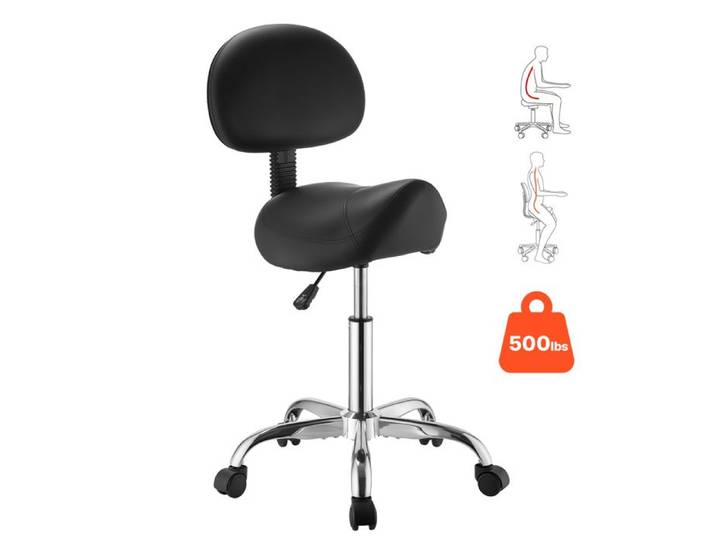 Tabouret Selle de Cheval avec Dossier-VEVOR-Charge 226 8 kg Tabouret de Travail à Roulettes Pivotant à 360° Hauteur Réglable