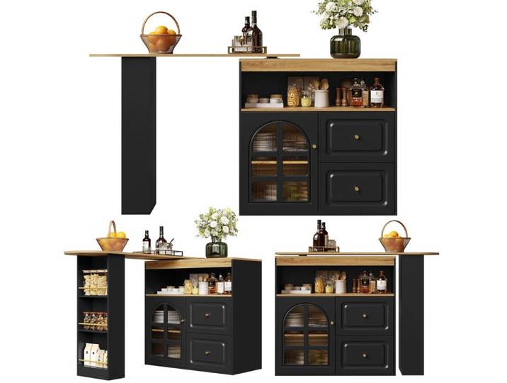 Buffet de cuisine - Table Haute Extensible Cuisine - Extensible 138-204 cm - Rotation 360° - 2 tiroirs & étagères