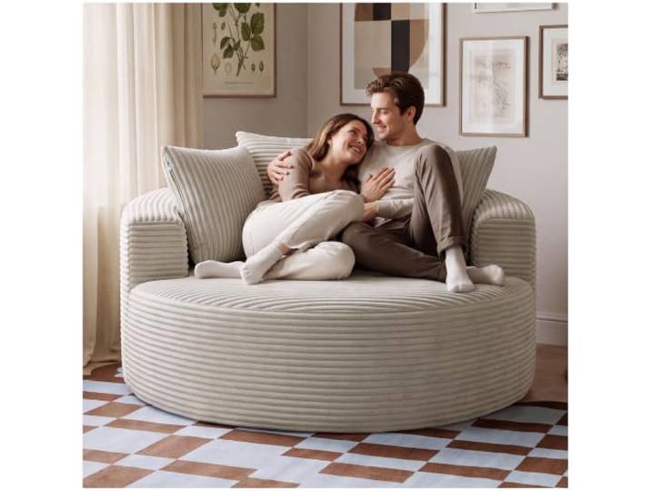 tectake® Relaxsessel, Samtcord, Ø 127 x 60 cm, Premiumschaumstoff keine Montage, mit 3 Kissen, rutschfeste Unterseite, formstabil und strapazierfähig, beige