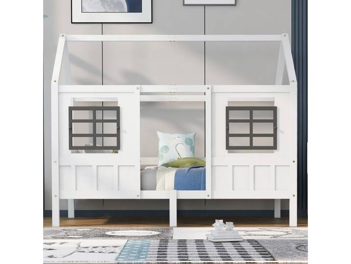 Lit cabane enfant 200x90cm lit simple lit enfant avec 2 fenêtres cadre en pin MDF blanc
