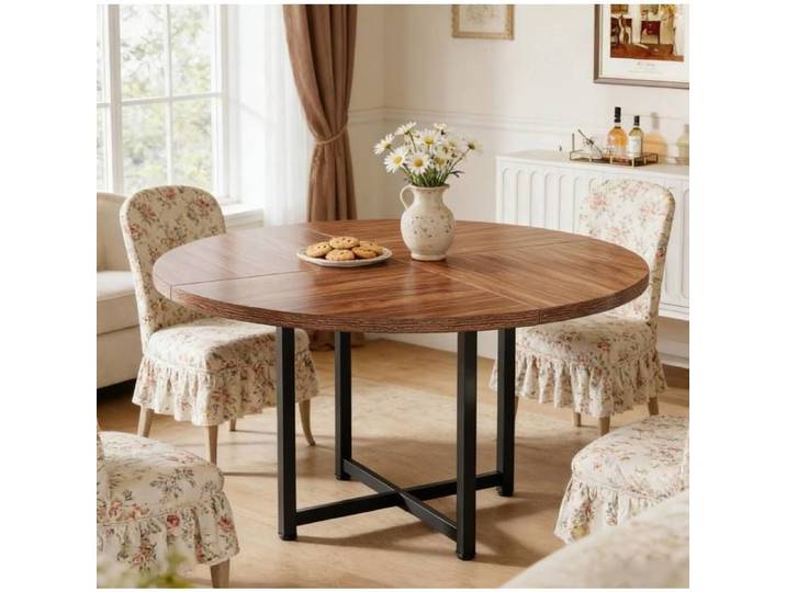 ROVRYN Table a manger ronde 120 cm style industriel metal et bois noir et marron
