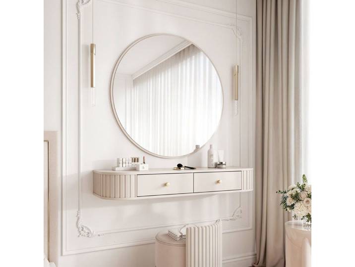 Coiffeuse mural OVALINE - avec miroir rond - 2 tiroirs - 123x36x17 5 cm - Beige