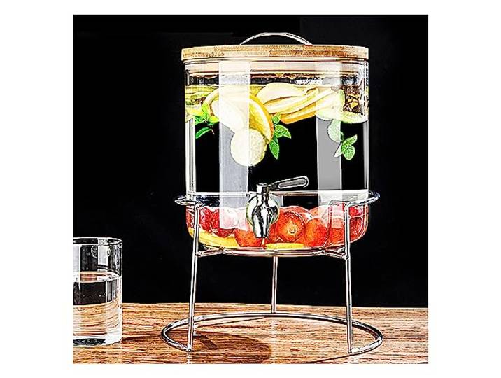 WYJRO Getränkespender,Glaskaraffe,Getränkespender Aus Glas Mit Zapfhahn Aus Edelstahl Getränkekrug Mit Bambusbezug Und Basis Für Outdoor-Picknick-BBQ-Partys,B Faucet+Bracket,5L