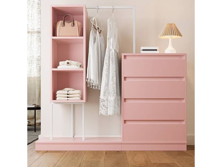 commode à cinq tiroirs Armoire penderie avec tiroirs Ensemble armoire 135x100x40 cmbuffet tringle à vêtements Rose