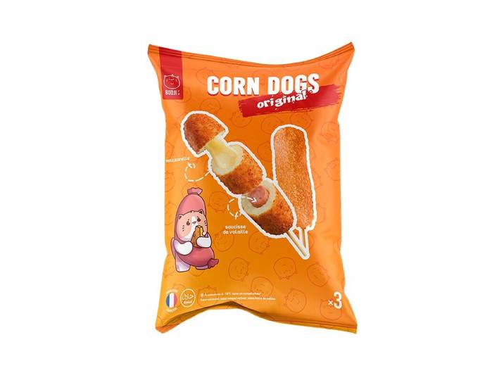 BUDJI Brochettes de corn dog saucisse mozzarella - 3 pièces / 285 g