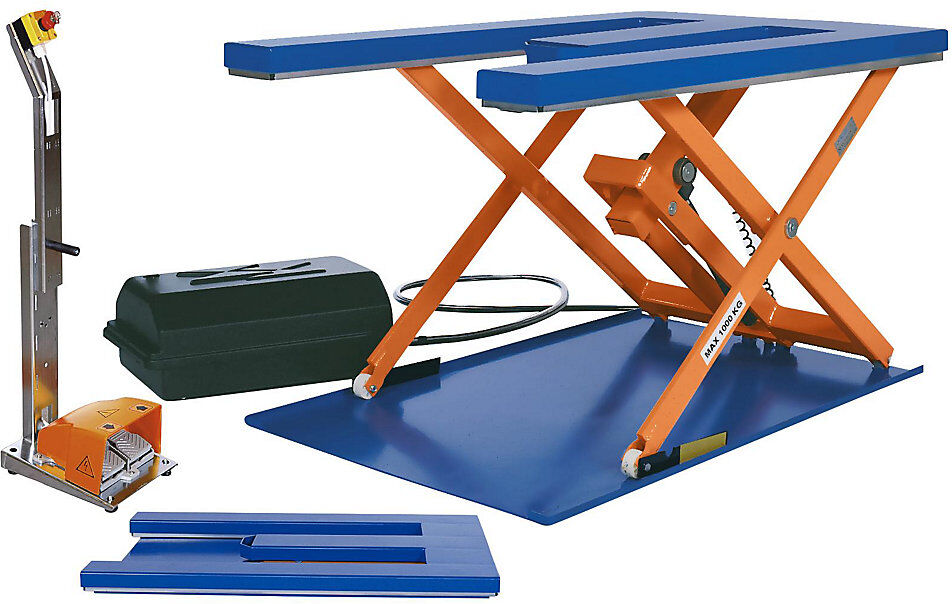 Flachform-Hubtisch, LxB 1450 x 900 mm, Hubbereich bis 800 mm, Plattform E-Form, 230 V, mit Fuß-Bedienelement Edmolift