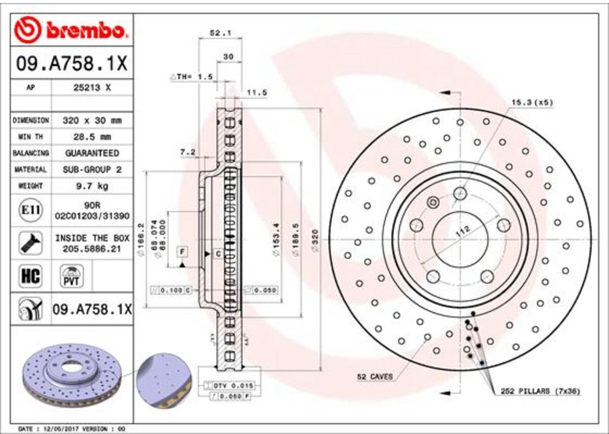 Bremsscheibe BREMBO 09.A758.1X, 1 Stück