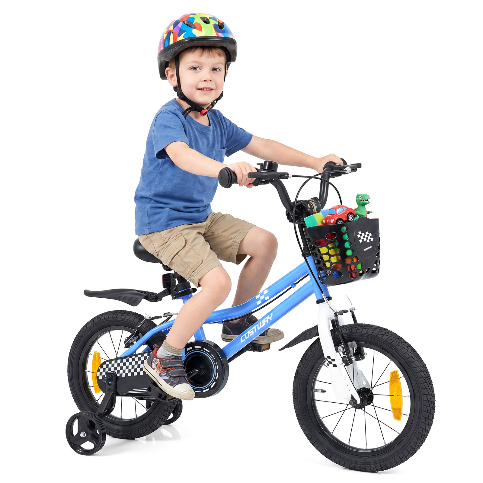 Costway Kinderfiets 14 inch met verstelbaar zadel en stuur en zijwielen, Blauw
