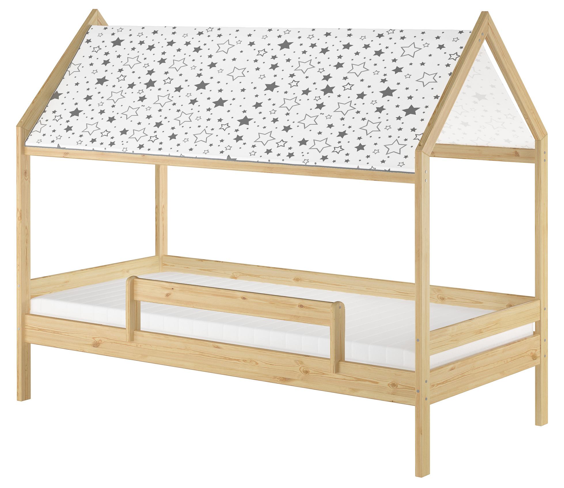 Holzbett mit Himmel u.Fallschutz Hausbett Kinderhaus 90x200 Bett Kiefer mass. weiteres Zubehör wählbar V-60.58-09 Rollrost und Matratze inkl.