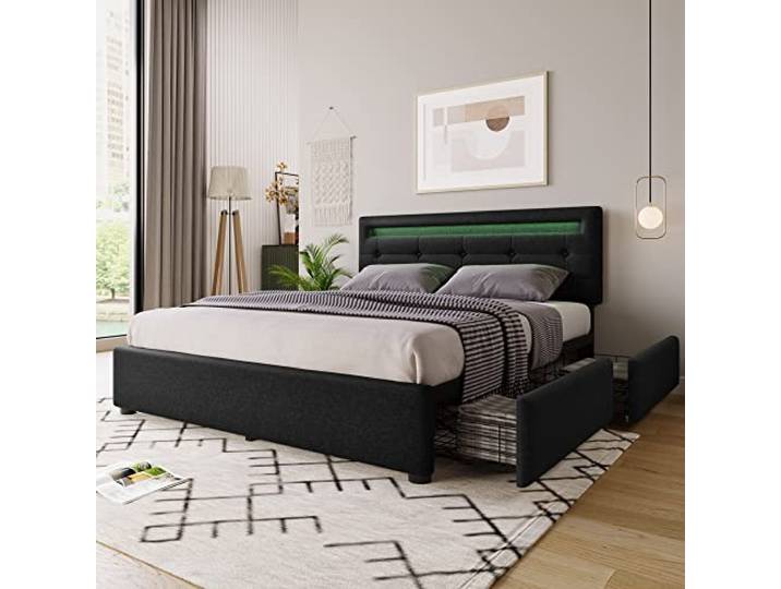 Merax Polsterbett 140x200cm mit LED-Beleuchtung und 4 Schubladen, Doppelbett Bettgestell mit Lattenrost und Höhenverstellbarem Kopfteil, Leinenmaterial, Jugendbett, Schwarz, ohne Matratze