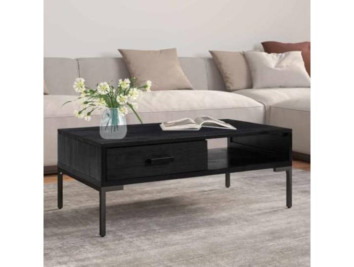 HEFZGDB Couchtisch Schwarz 90x50x35 cm Massivholz Kiefer mit Schublade und Metallfüßen für Wohnzimmer Industrie-Stil Vintage-Look