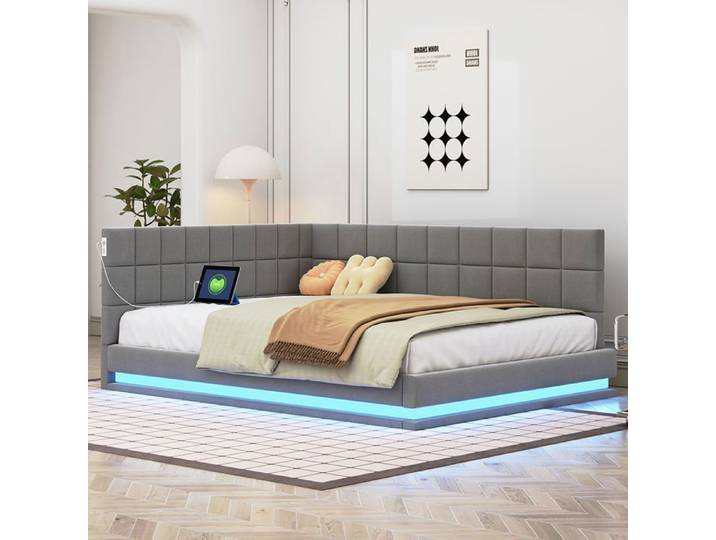 Lit banquette 140x200 cm multifonctionnel avec barre LED chargement USB - SWEIKO - Gris