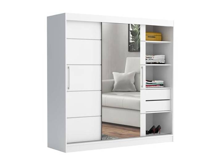 Brent - Kleiderschrank mit Spiegel und Schubladen 200cm Breit Chelsea Tomy, Schwebetürenschrank mit Spiegel, Schlafzimmerschrank, Kleiderschrank Weiß/Weiß