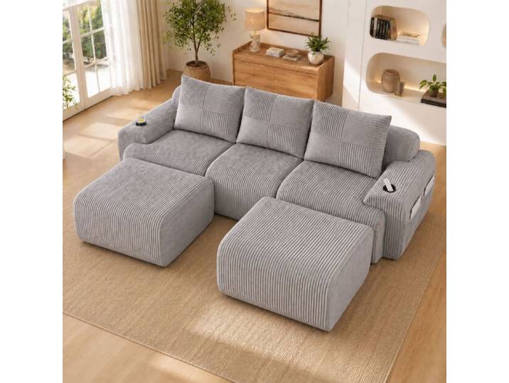 Canapé modulable 3 places avec 2 poufs gris clair