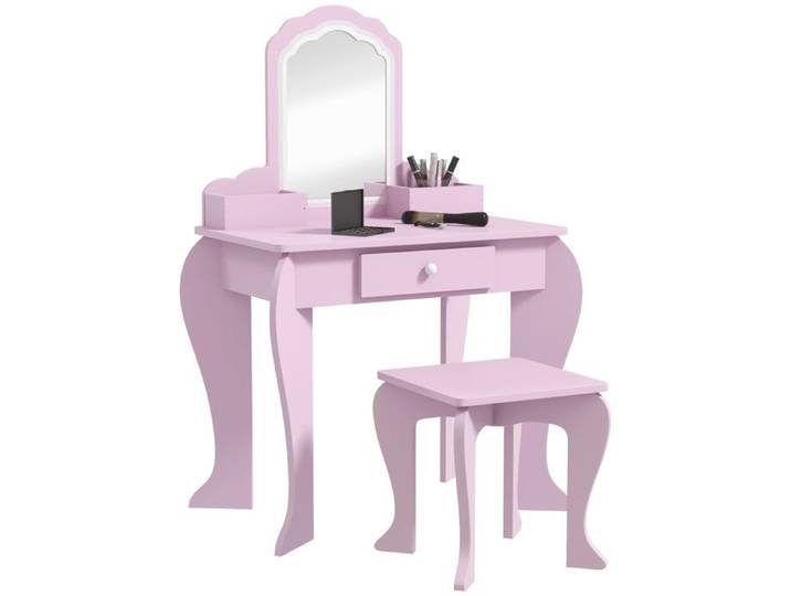 Coiffeuse pour enfant - ZONEKIZ - tabouret et miroir - tiroir et 2 compartiments - MDF et acrylique - 55x36x86cm - rose