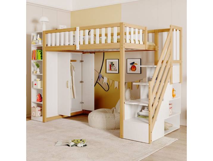 Lit mi-haut 290x96.5x173 cm – Blanc bois placard rangements échelle intégrée