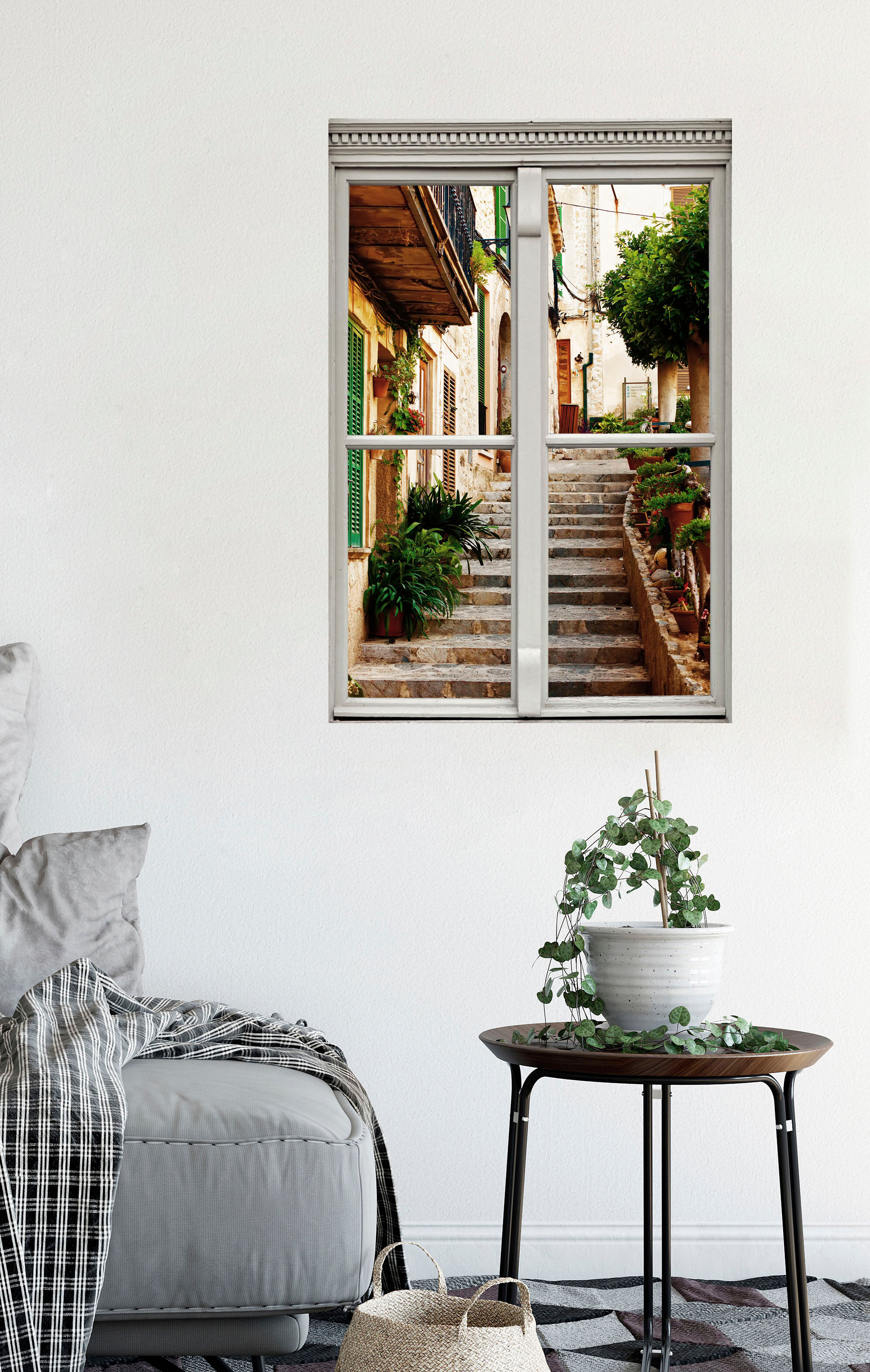 Wandsticker QUEENCE "Treppe am Haus", bunt, B:40cm H:60cm T:0,1cm, Wandtattoos, Wandsticker, Wandsticker, Wandbild, selbstklebend, 3D, Fenster bunt B/H/T: 40cm x 60cm x 0,1cm, Geographie