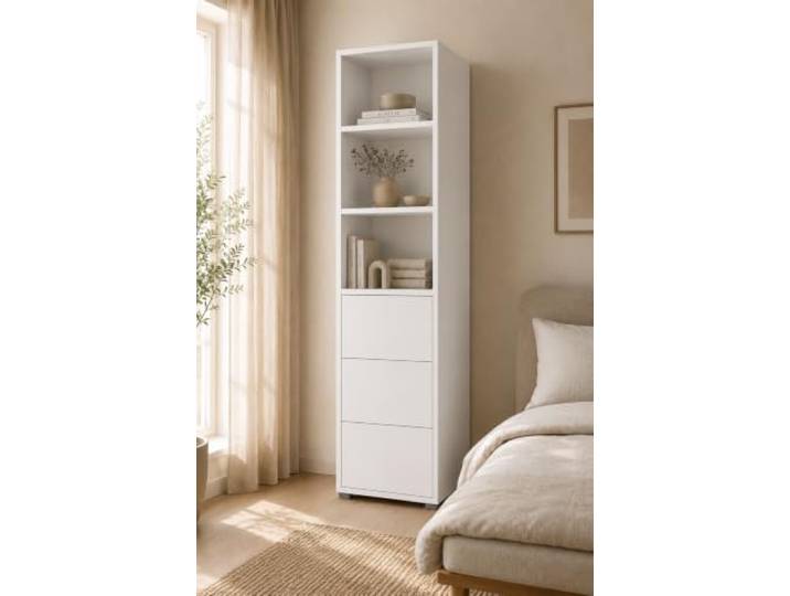 Elvora DESIGN. Regal Weiß ORSINA, Wohnzimmerschrank 3 Fach und 3 Schubladen Push-to-Open, Minimalistisch, Skandinavisch, Modern, Wohnzimmer, Büro, Stabile Konstruktion, Pflegeleicht, 60x178x40 cm