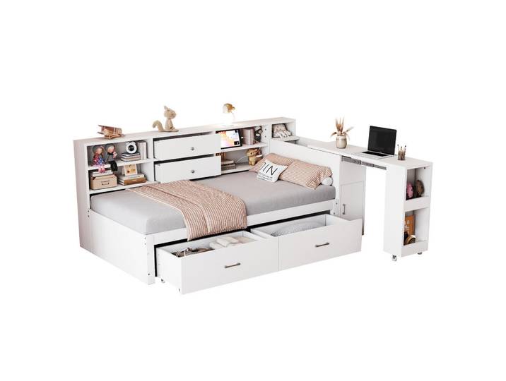 Modfu Multifunktionsbett aus Holz 90x200 cm Weiß mit Stauraum, ausziehbarem Schreibtisch, USB-Anschlüssen und Steckdose, 90x200 cm, Schlafzimmer, Betten