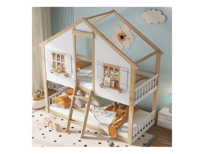 STILVORA Etagenbett 90x200 mit Sicherheitsgeländer,Kinderbett Holzbett mit Fenster&Dach (mit Dach und Fenstern, stabile Lattenroste und Schutzgeländer, 90x200cm), ohne Matratze