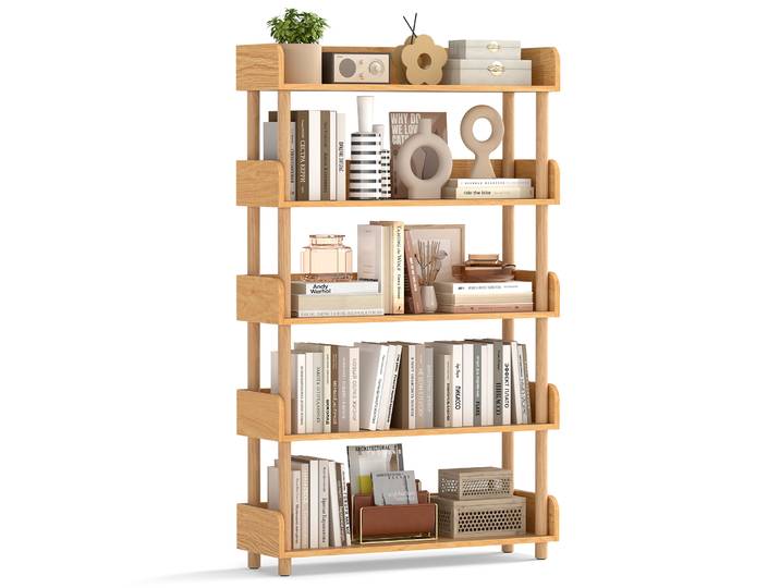 Costway – Bibliothèque En Bois De Pin 5 Niveaux – Étagères Ouvertes 80x24x130\,5 Cm – Charge 100 Kg – Garde-corps Surélevés 10 Cm
