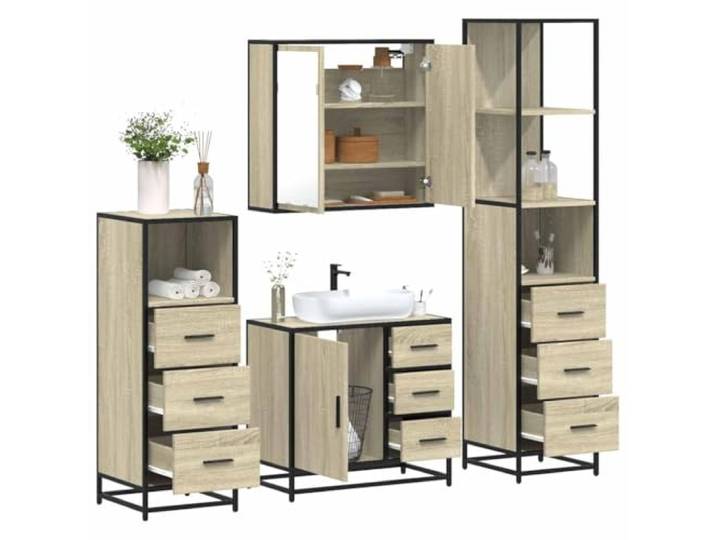 ZQQLVOO 4-TLG. Badmöbel-Set Sonoma-Eiche Holzwerkstoff Metallgestell, Lowboard, Waschbeckenunterschrank, Spiegelschrank, Wandmontage, Stauraum, Korrosionsbeständigkeit
