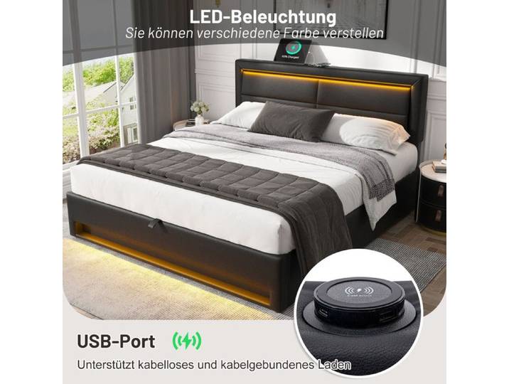 Lit 160x200 cm Lit Adulte Double avec Port Usb Lit Double avec éClairage Led et Espace de Rangement Lit Adulte Noir