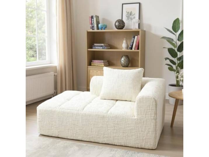 FurnitureR Relaxliege Sofa mit Kissen, Seitentaschen und weicher Chenille-Polsterung, 1-Sitzer Beige, kein Aufbau erforderlich