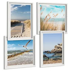 BILDER SET 4er Set - 50x50 cm & 40x60 cm Weißer Rahmen - Strand Holzsteg Klippen