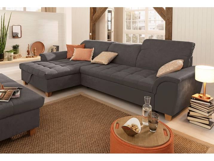 Ecksofa, Luxus-Microfaser, Schwarzbraun 279×170 cm, Mit Recamiere, Schlaf- & Bettfunktion, Klassisch, Home Affaire