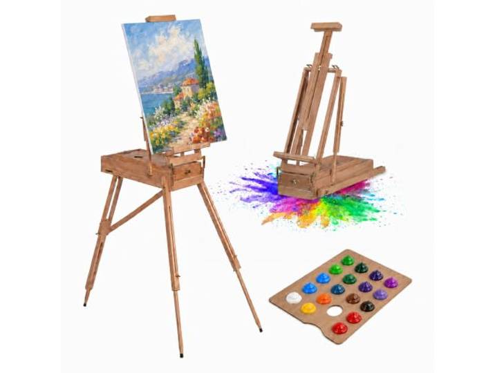 Relaxdays Chevalet sur pied/table\, inclinable à 90°\, hêtre naturel réglable en hauteur\, pliable\, valise de peinture