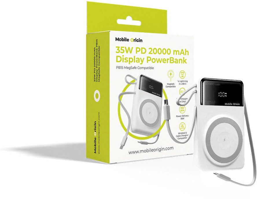Mobile Origin PB15 PowerBank 35W PD 20000mAh m. Display - MagSafe Kompatibel - Hvid