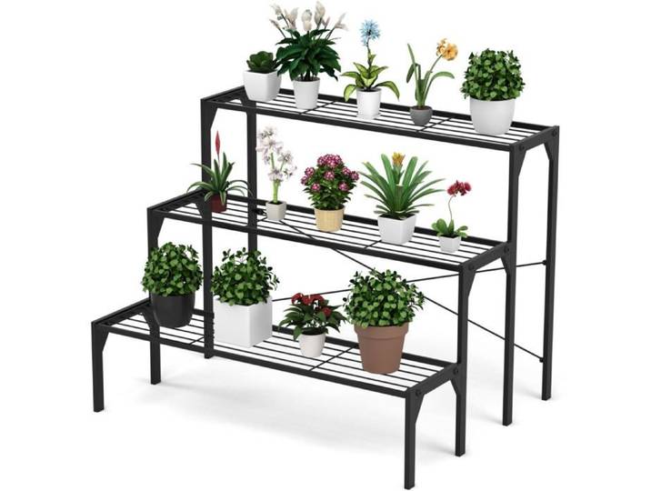 Support à plantes - HELLOSHOP26 - 3 niveaux - Métal noir - Finition antirouille - Intérieur/extérieur